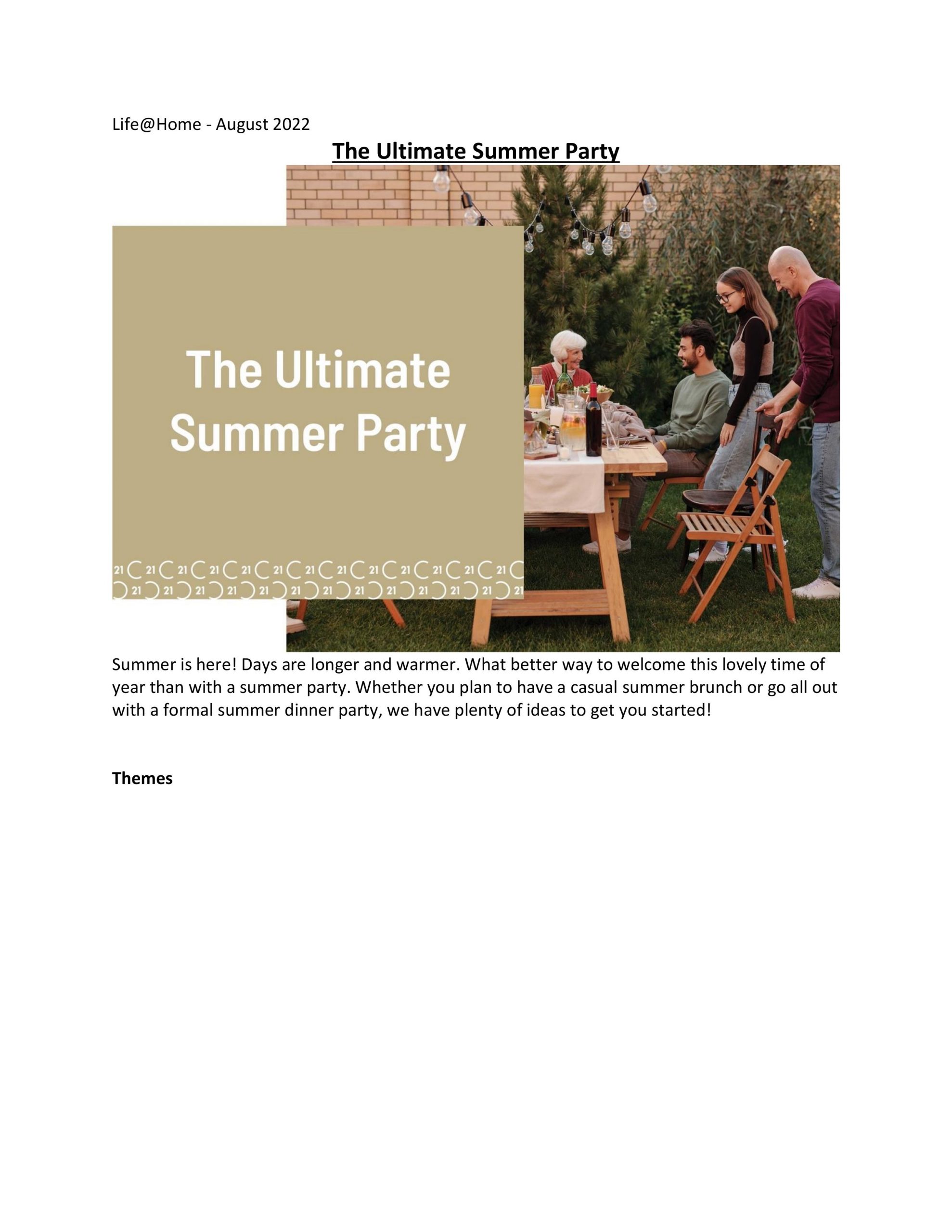 The Ultimate Summer Party is a cover page for the Life@home Newsletter with August edition. Family sitting together at a picnic table have lunch. 